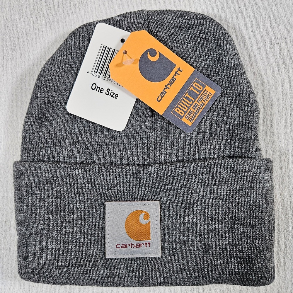 Carhartt Watch Hat Beanie Unisex One Size Heather Grey Ribbed Knit Logo Patch